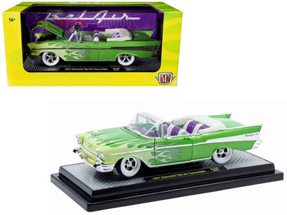1957 Chevrolet Bel Air Convertible Green Metallic with Flame Graphics and Purple and White Interior Limited Edition to 4050 pieces Worldwide 1/24 Diecast Model Car by M2 Machines Cartsfy Inc.
