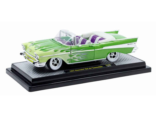 1957 Chevrolet Bel Air Convertible Green Metallic with Flame Graphics and Purple and White Interior Limited Edition to 4050 pieces Worldwide 1/24 Diecast Model Car by M2 Machines Cartsfy Inc.