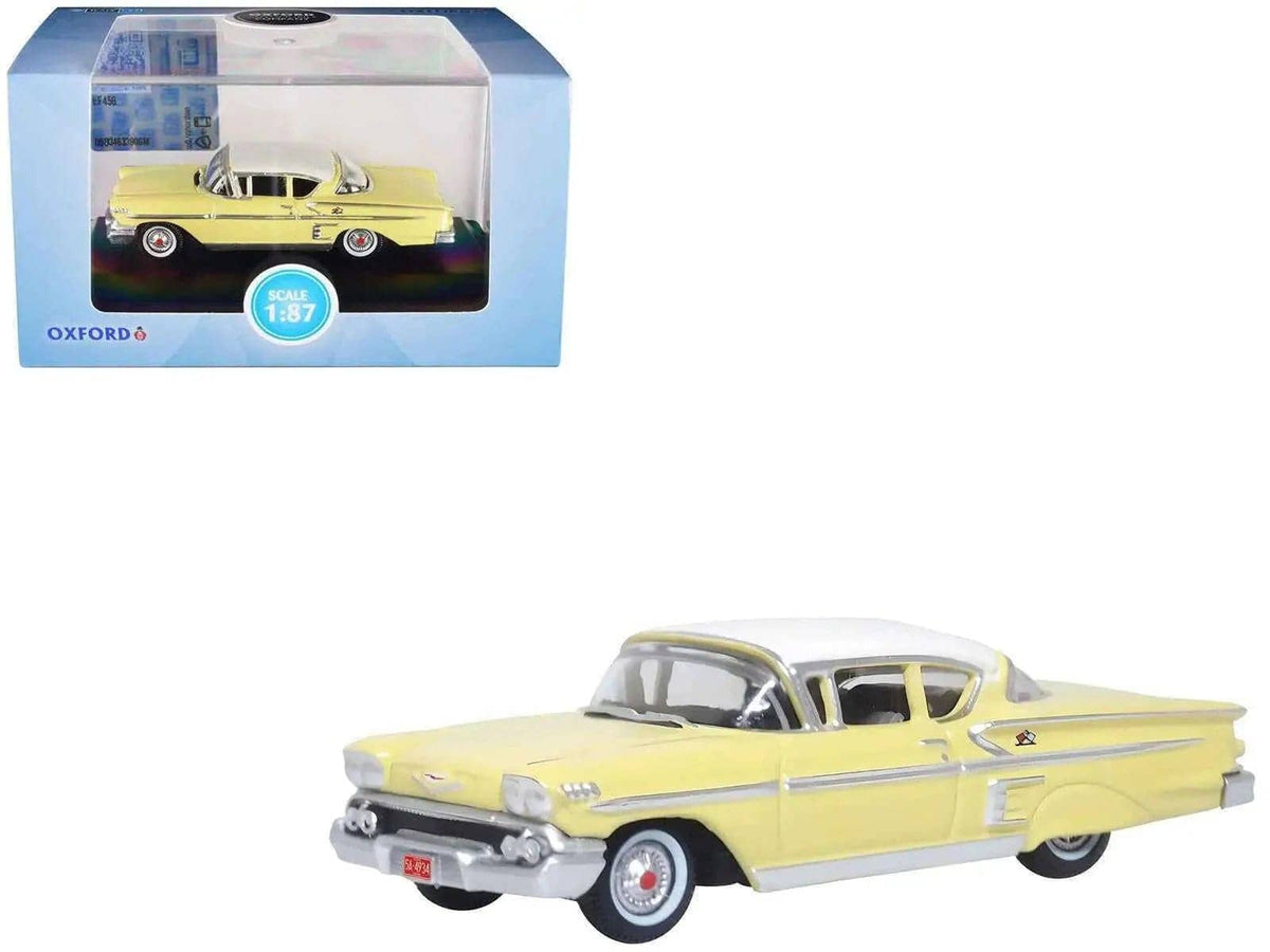 1958 Chevrolet Impala Sport Colonial Cream with Snowcrest White Top 1/87 (HO) Scale Diecast Model Car by Oxford Diecast Miniature Motors Default Title Default Title-