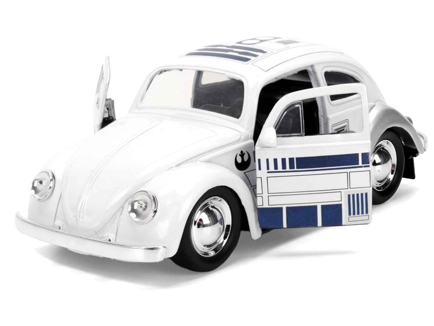 1:32 diecast Volkswagen Beetle model car, white with blue side graphics and chrome wheels