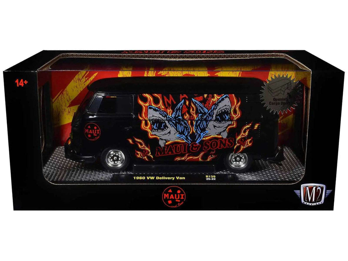 1960 Volkswagen Delivery Van "Maui & Sons" Black with Graphics Limited Edition to 4050 pieces Worldwide 1/24 Diecast Model Car by M2 Machines Cartsfy Inc.