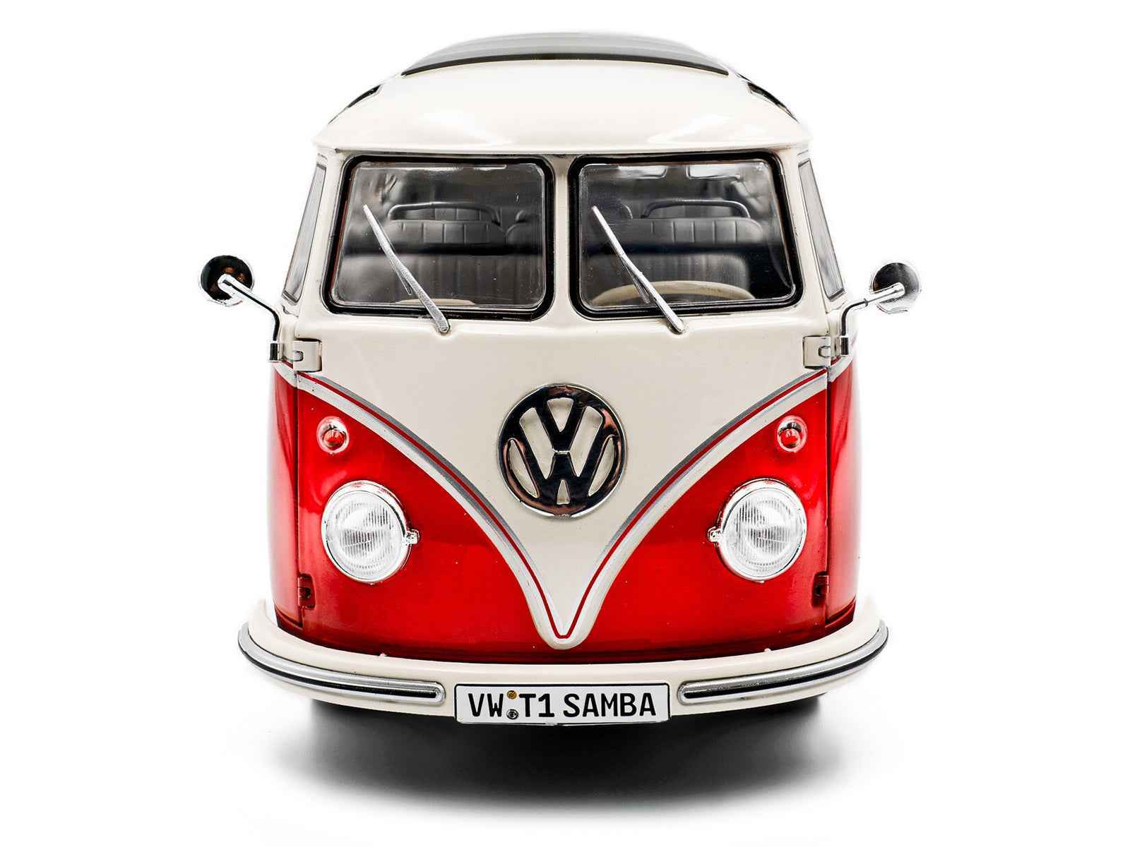 Red and white VW T1 Samba diecast bus model car, front view with VW badge