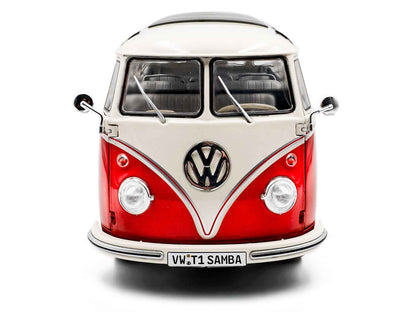 Red and white VW T1 Samba diecast bus model car, front view with VW badge