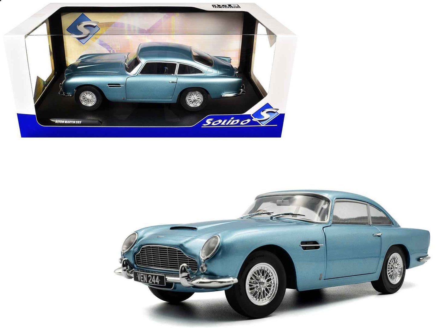 Light blue metallic diecast coupe model car, RHD, in Solido display box