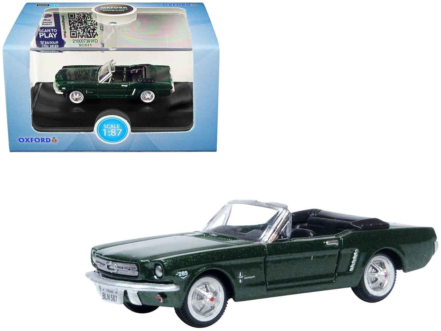 1965 Ford Mustang Convertible Ivy Green Metallic 1/87 (HO) Scale Diecast Model Car by Oxford Diecast Cartsfy Inc.