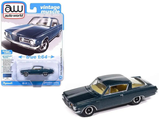 1965 Plymouth Barracuda Formula S Dark Blue Metallic with Silver Stripe "Vintage Muscle" Series 1/64 Diecast Model Car by Auto World Miniature Motors Default Title Default Title-