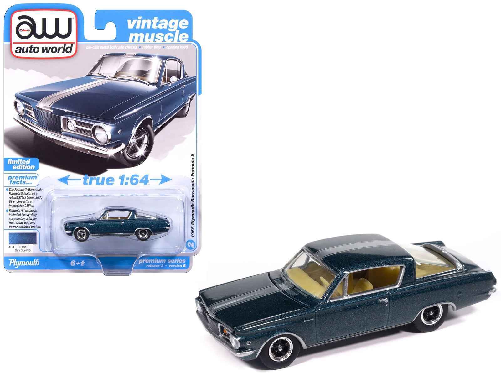 1965 Plymouth Barracuda Formula S Dark Blue Metallic with Silver Stripe "Vintage Muscle" Series 1/64 Diecast Model Car by Auto World Cartsfy Inc.