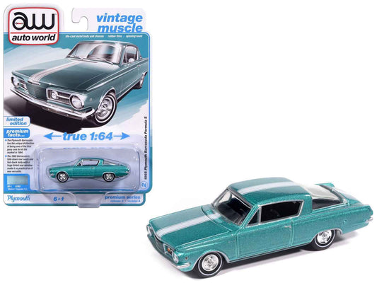 1965 Plymouth Barracuda Formula S Turquoise Metallic with White Stripe "Vintage Muscle" Series 1/64 Diecast Model Car by Auto World Cartsfy Inc.