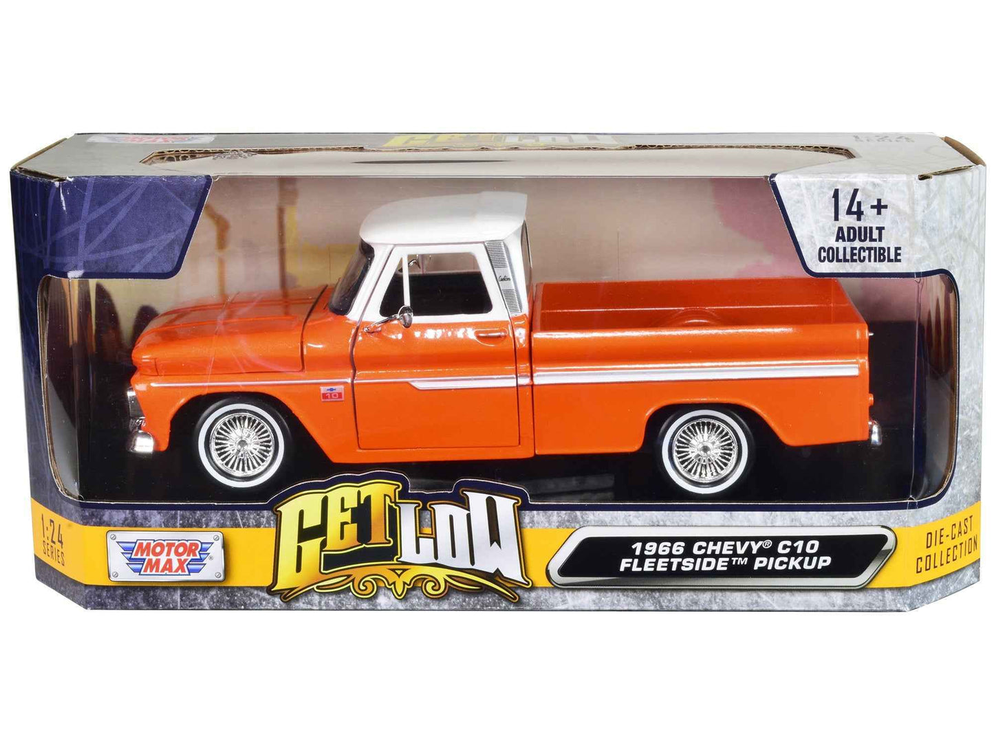 Orange/white 1966 Chevy C10 Fleetside diecast pickup truck, front view