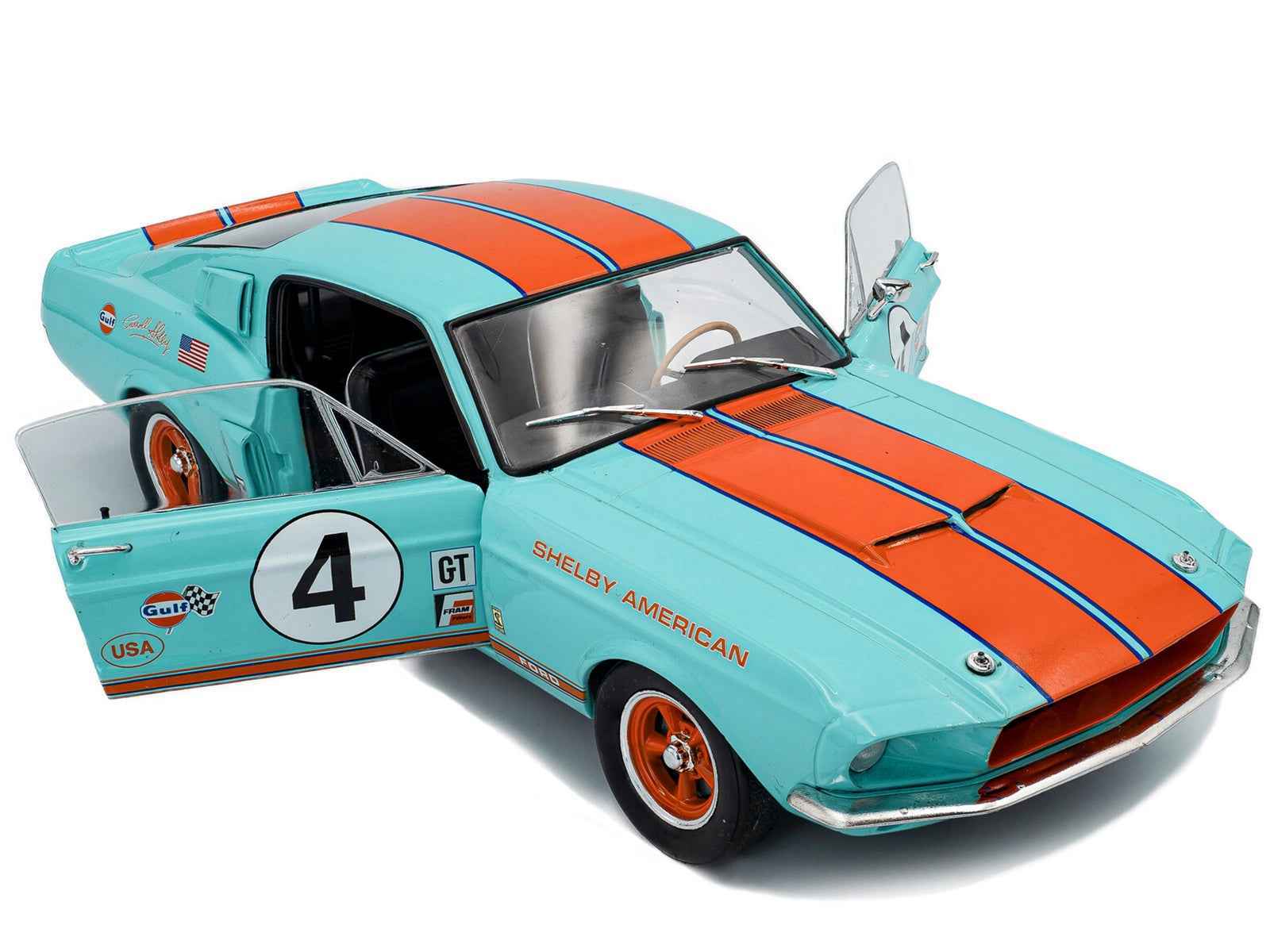 1967 Shelby GT500 #4 "Gulf Racing Tribute" Light Blue with Orange Stripes 1/18 Diecast Model Car by Solido Cartsfy Inc.