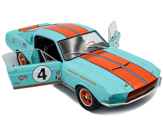 1967 Shelby GT500 #4 "Gulf Racing Tribute" Light Blue with Orange Stripes 1/18 Diecast Model Car by Solido Cartsfy Inc.