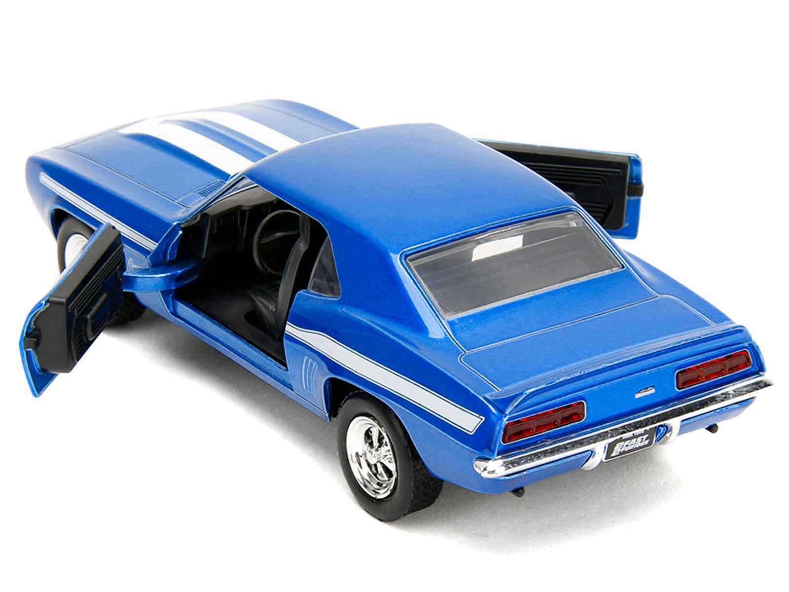 Blue diecast model car with white racing stripes, front-left 3/4 view