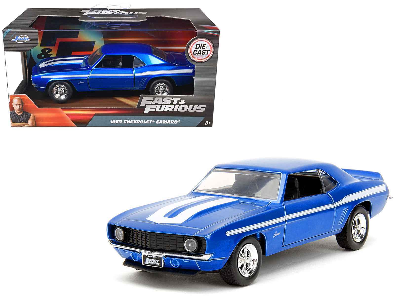 Jada 1/32 diecast model car, blue 1969 Camaro with white racing stripes, front 3/4