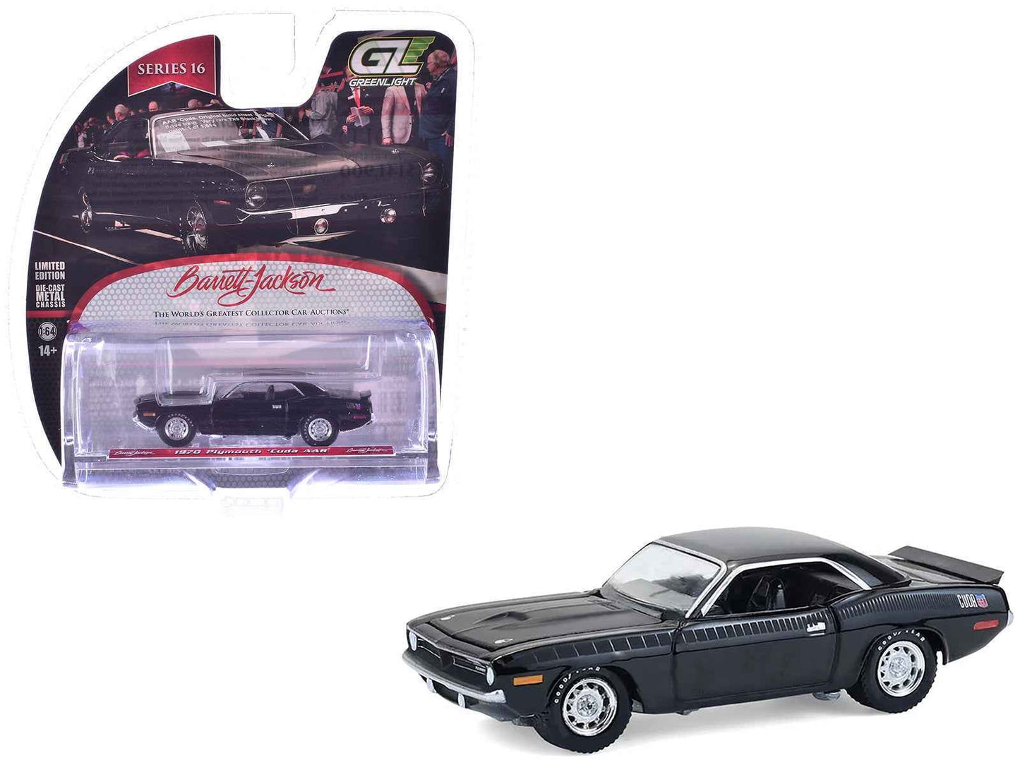 1970 Plymouth 'Cuda AAR Black with Gray Stripes "Barrett-Jackson" Series 16 1/64 Diecast Model Car by Greenlight Miniature Motors Default Title Default Title-