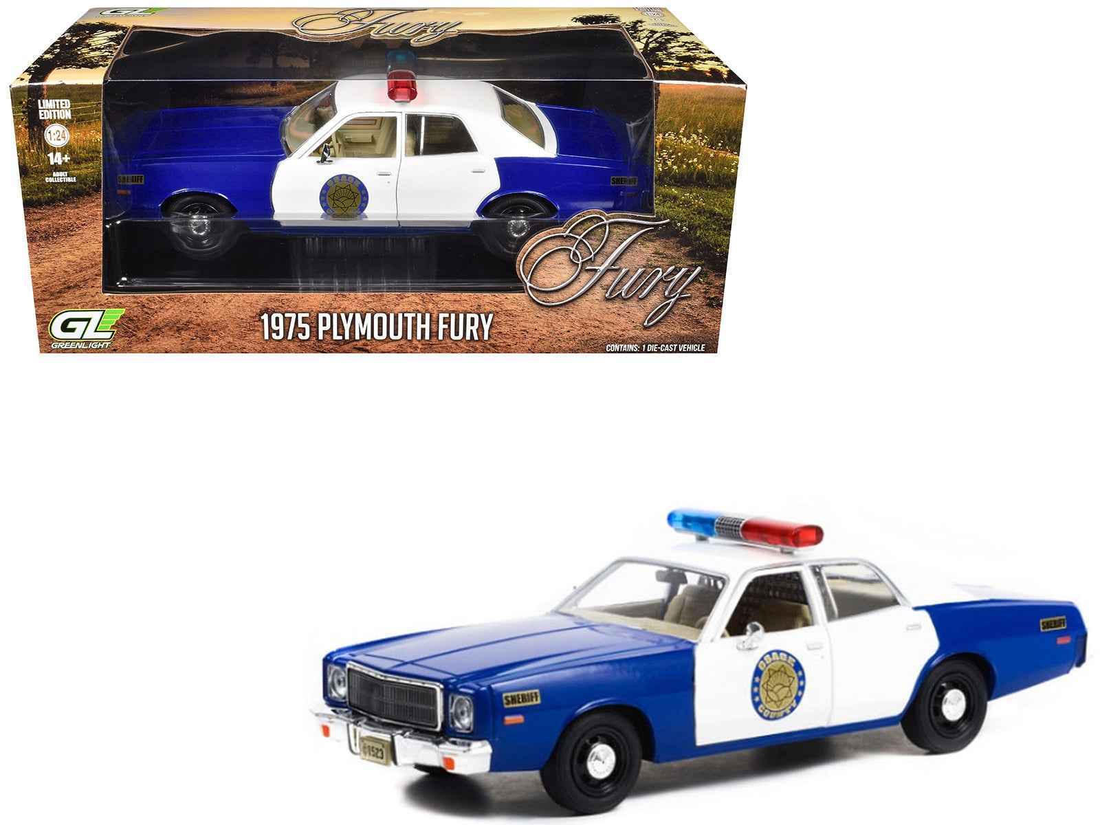 Blue and white 1/24 diecast 1975 Plymouth Fury sheriff model car with roof lights