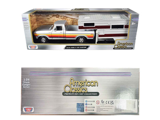1/24 diecast pickup model in box: silver truck, white camper shell, red-orange stripes