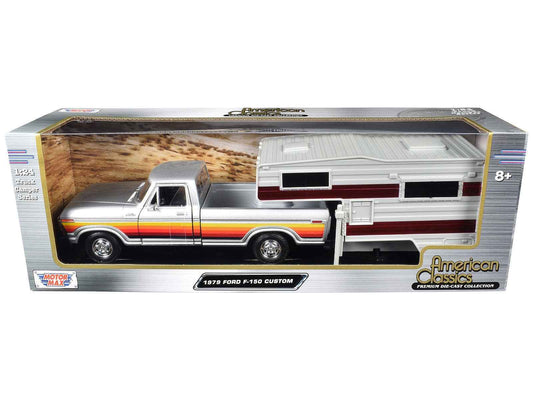 1/24 diecast F-150 pickup with white camper shell, silver body, red stripe details