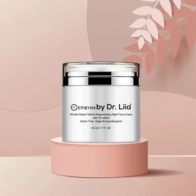 Retinol night face cream jar on pink pedestal with leaf decor