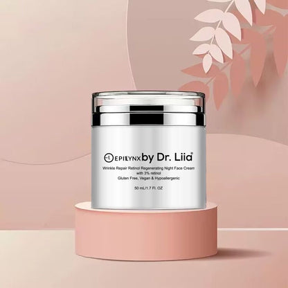 Retinol night face cream jar on pink pedestal with leaf decor
