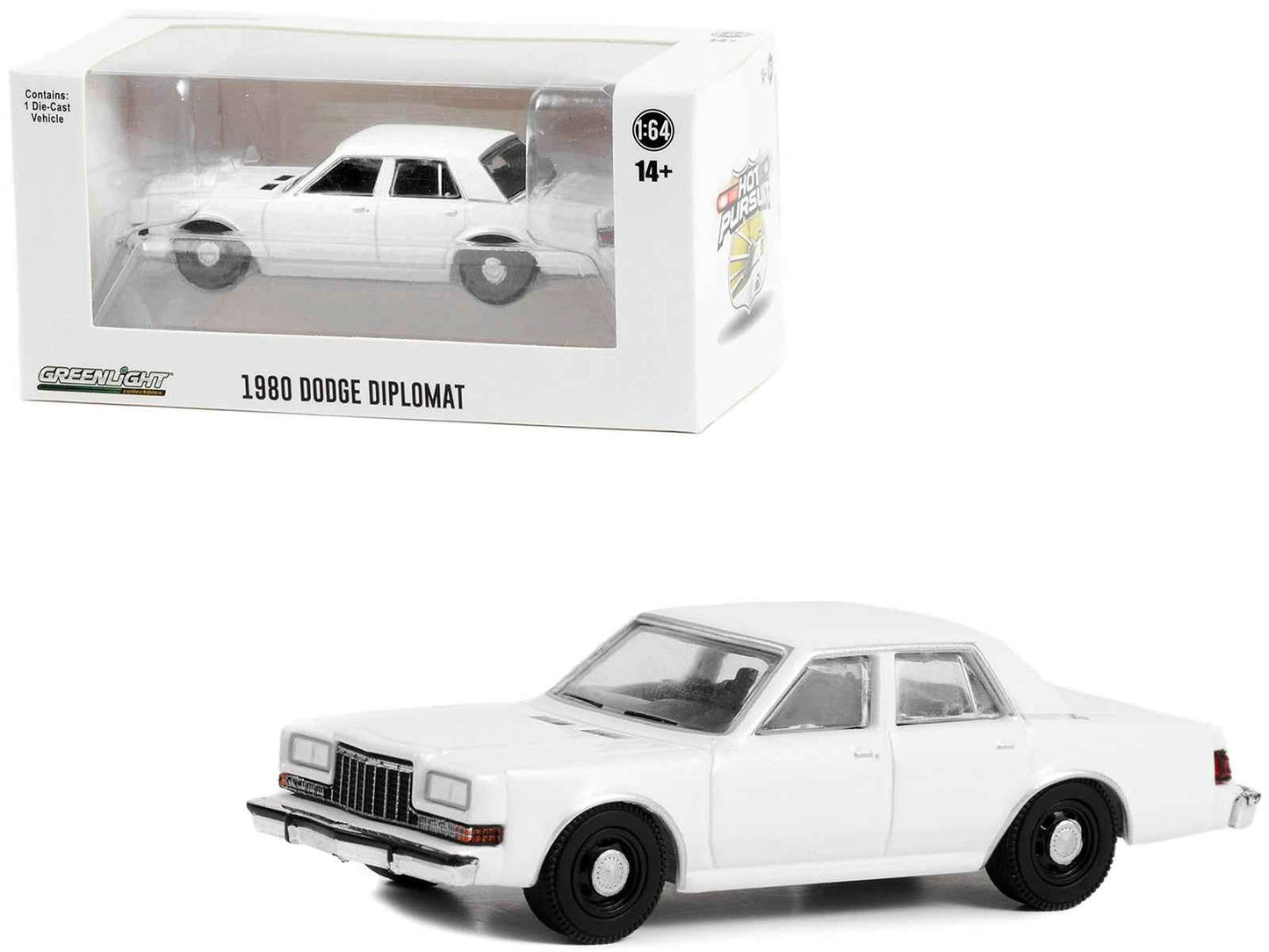 1980-1989 Dodge Diplomat Police Unmarked White "Hot Pursuit" "Hobby Exclusive" Series 1/64 Diecast Model Car by Greenlight Miniature Motors Default Title Default Title-