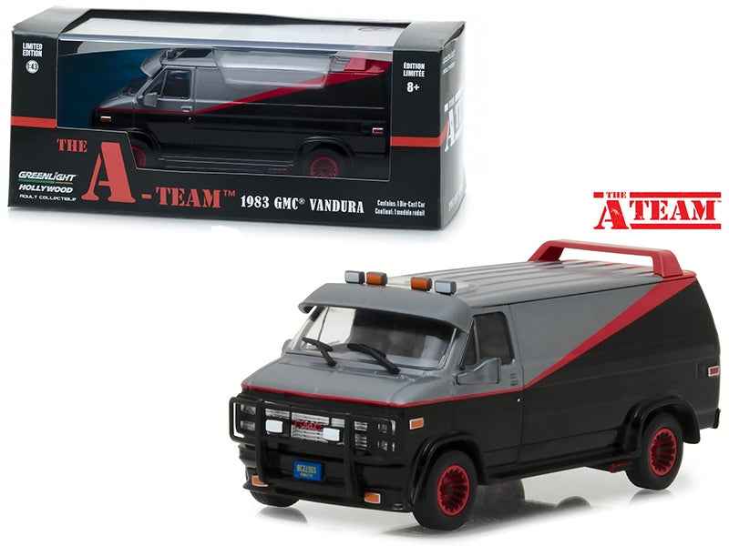 Black and gray diecast van model with red side stripe and front grille