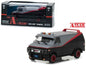 Black and gray diecast van model with red side stripe and front grille