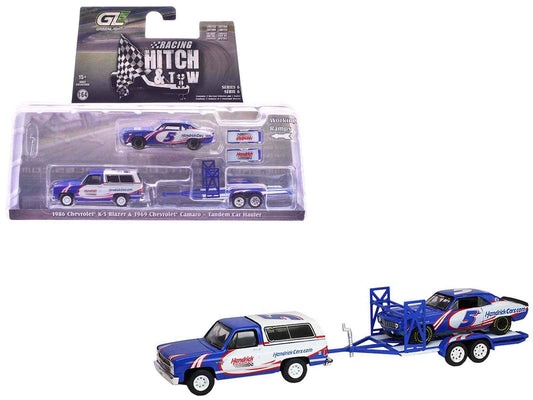 1986 Chevrolet K5 Blazer Blue and White and 1969 Chevrolet Camaro #5 Blue and White "Kyle Larson - Hendrick Motorsports" with Tandem Car Trailer "Racing Hitch & Tow" Series 6 1/64 Diecast Model Cars by Greenlight Cartsfy Inc.