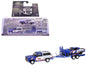 1986 Chevrolet K5 Blazer Blue and White and 1969 Chevrolet Camaro #5 Blue and White "Kyle Larson - Hendrick Motorsports" with Tandem Car Trailer "Racing Hitch & Tow" Series 6 1/64 Diecast Model Cars by Greenlight Cartsfy Inc.