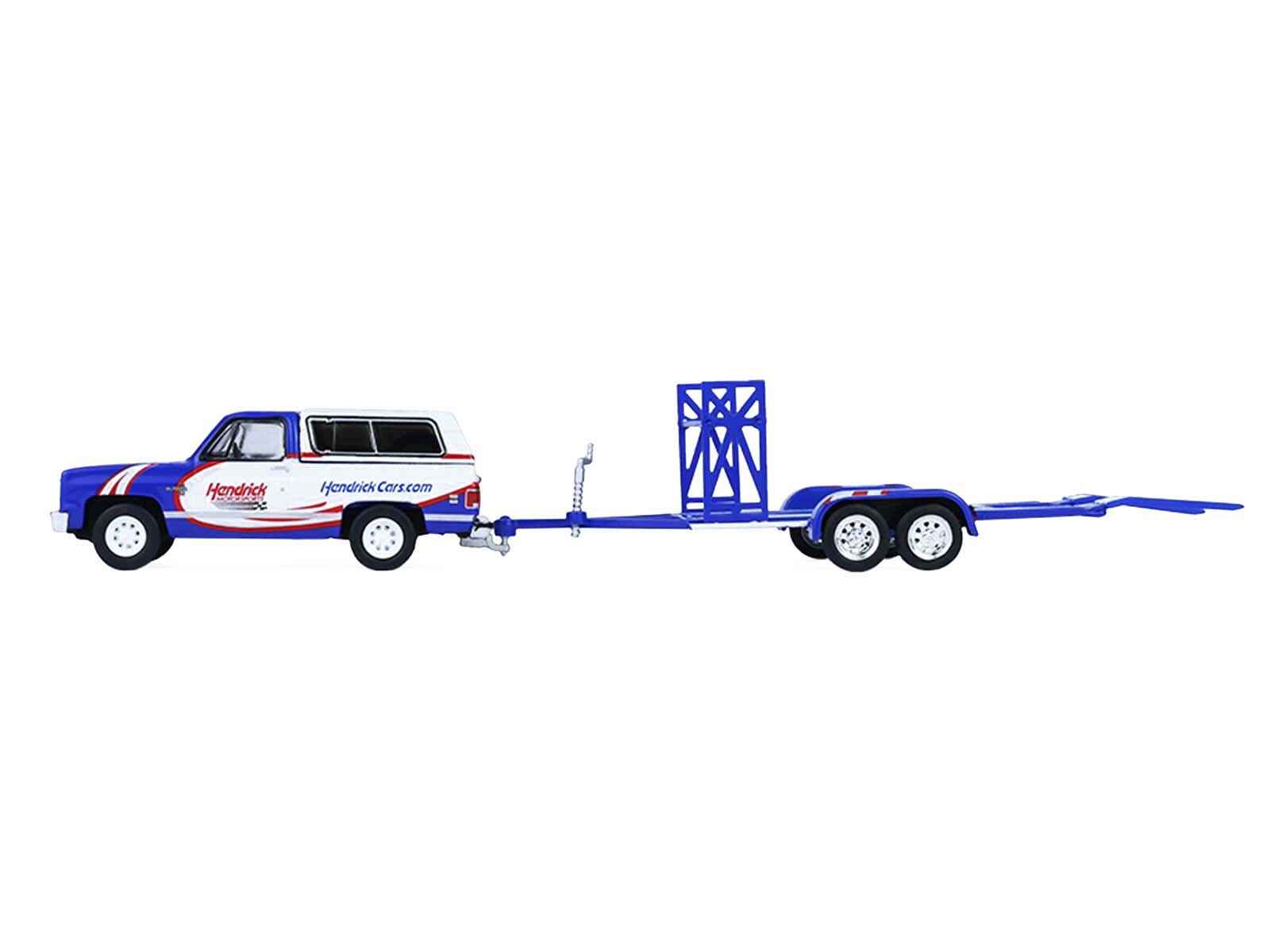 1986 Chevrolet K5 Blazer Blue and White and 1969 Chevrolet Camaro #5 Blue and White "Kyle Larson - Hendrick Motorsports" with Tandem Car Trailer "Racing Hitch & Tow" Series 6 1/64 Diecast Model Cars by Greenlight Cartsfy Inc.