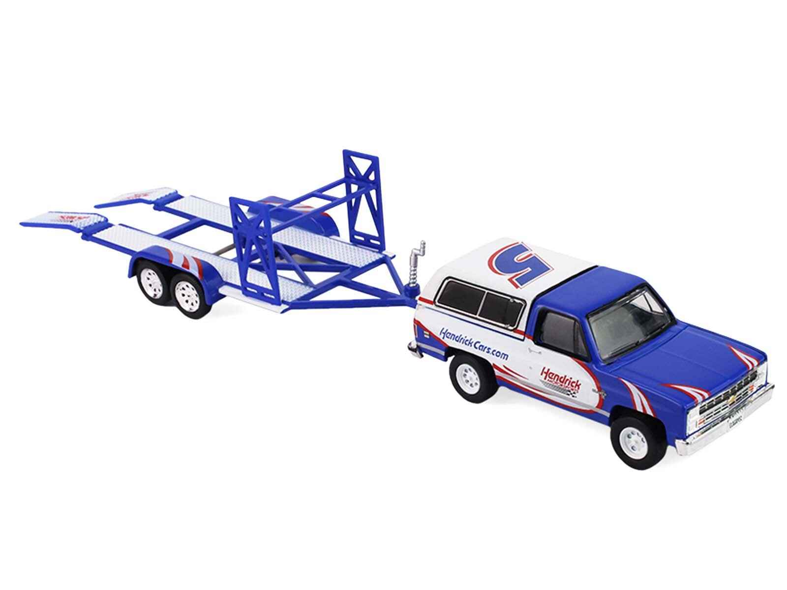 1986 Chevrolet K5 Blazer Blue and White and 1969 Chevrolet Camaro #5 Blue and White "Kyle Larson - Hendrick Motorsports" with Tandem Car Trailer "Racing Hitch & Tow" Series 6 1/64 Diecast Model Cars by Greenlight Cartsfy Inc.