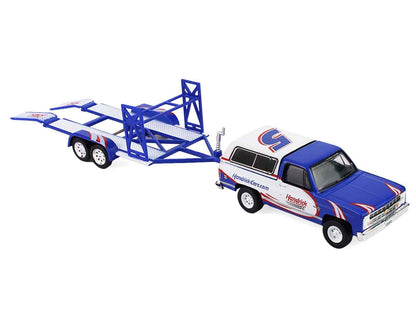 1986 Chevrolet K5 Blazer Blue and White and 1969 Chevrolet Camaro #5 Blue and White "Kyle Larson - Hendrick Motorsports" with Tandem Car Trailer "Racing Hitch & Tow" Series 6 1/64 Diecast Model Cars by Greenlight Cartsfy Inc.