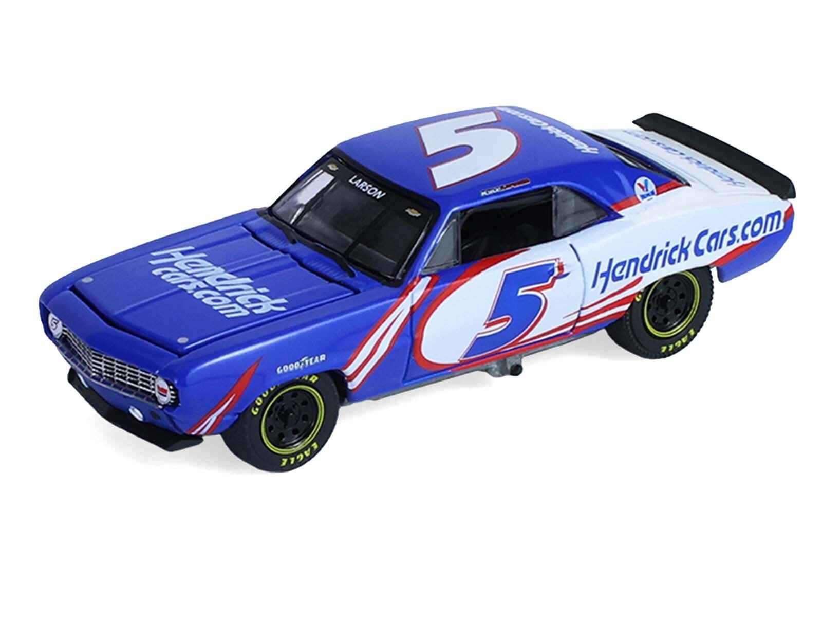 1986 Chevrolet K5 Blazer Blue and White and 1969 Chevrolet Camaro #5 Blue and White "Kyle Larson - Hendrick Motorsports" with Tandem Car Trailer "Racing Hitch & Tow" Series 6 1/64 Diecast Model Cars by Greenlight Cartsfy Inc.