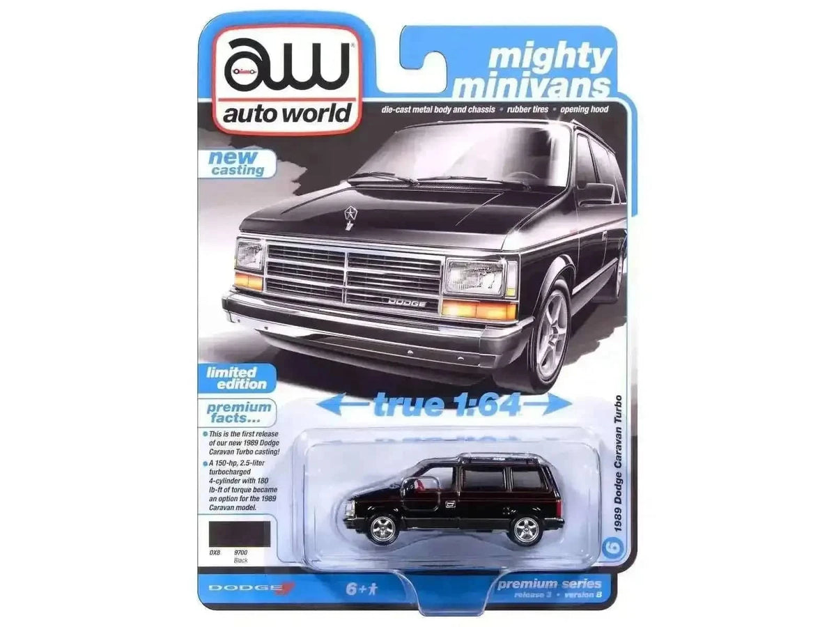 1989 Dodge Caravan Turbo Van Black with Red Stripes and Interior "Mighty Minivans" Series 1/64 Diecast Model Car by Auto World Cartsfy Inc.