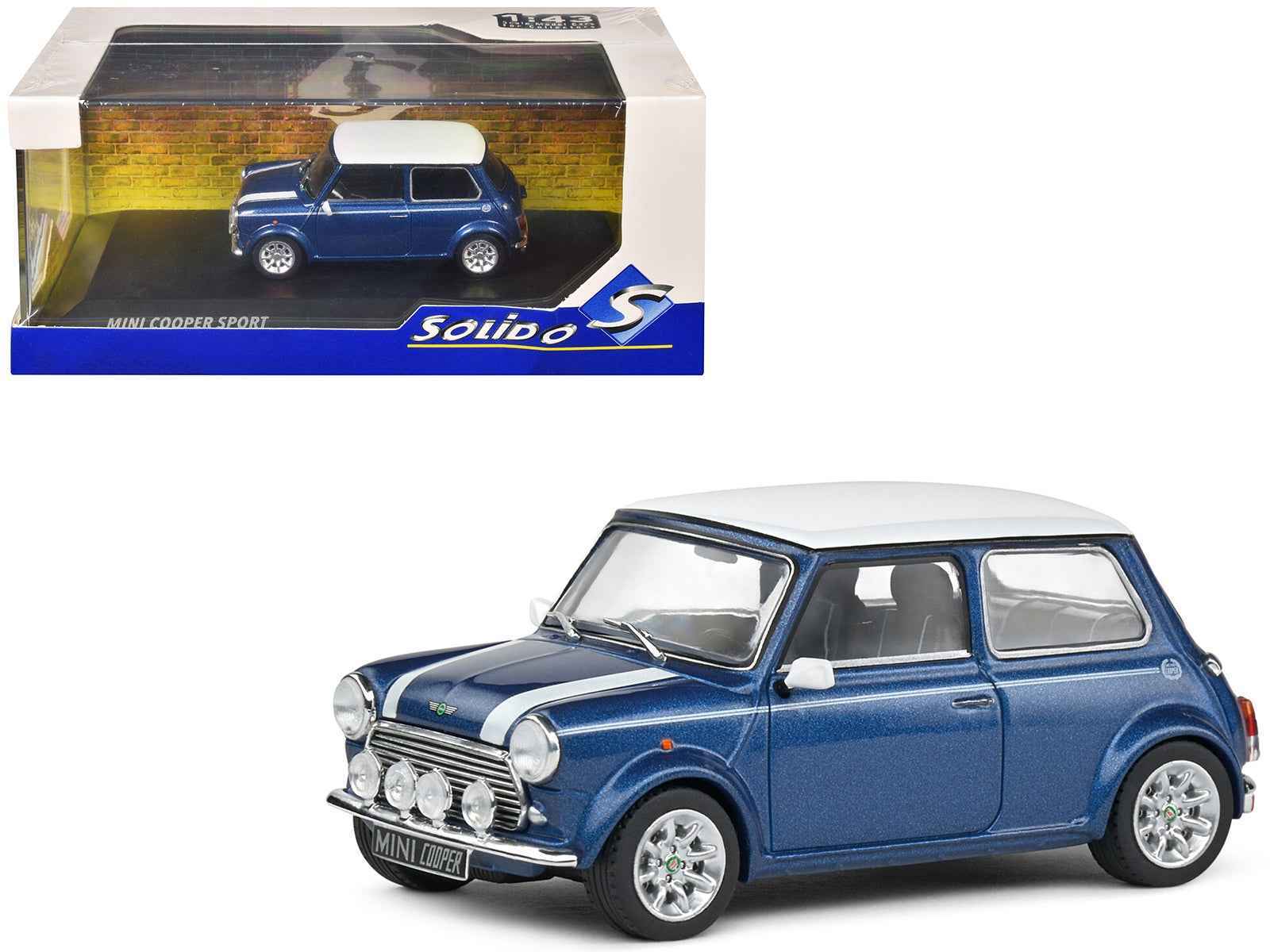 1994 Mini Cooper Sport Tahiti Blue Metallic with White Top and Stripes 1/43 Diecast Model Car by Solido Miniature Motors Default Title Default Title-