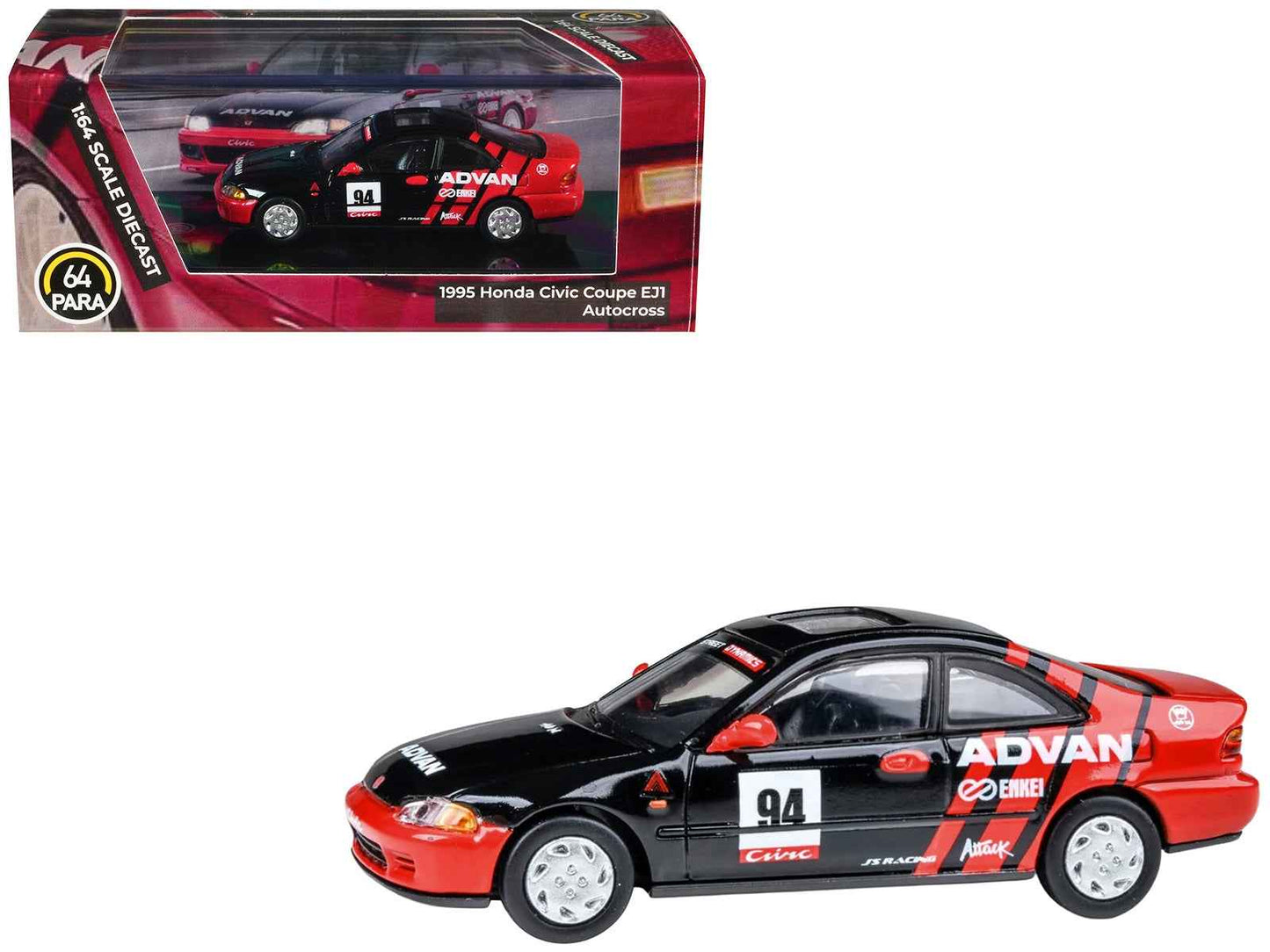 1995 Honda Civic Coupe EJ1 #94 "Autocross - ADVAN" Black and Red 1/64 Diecast Model Car by Paragon Models Cartsfy Inc.