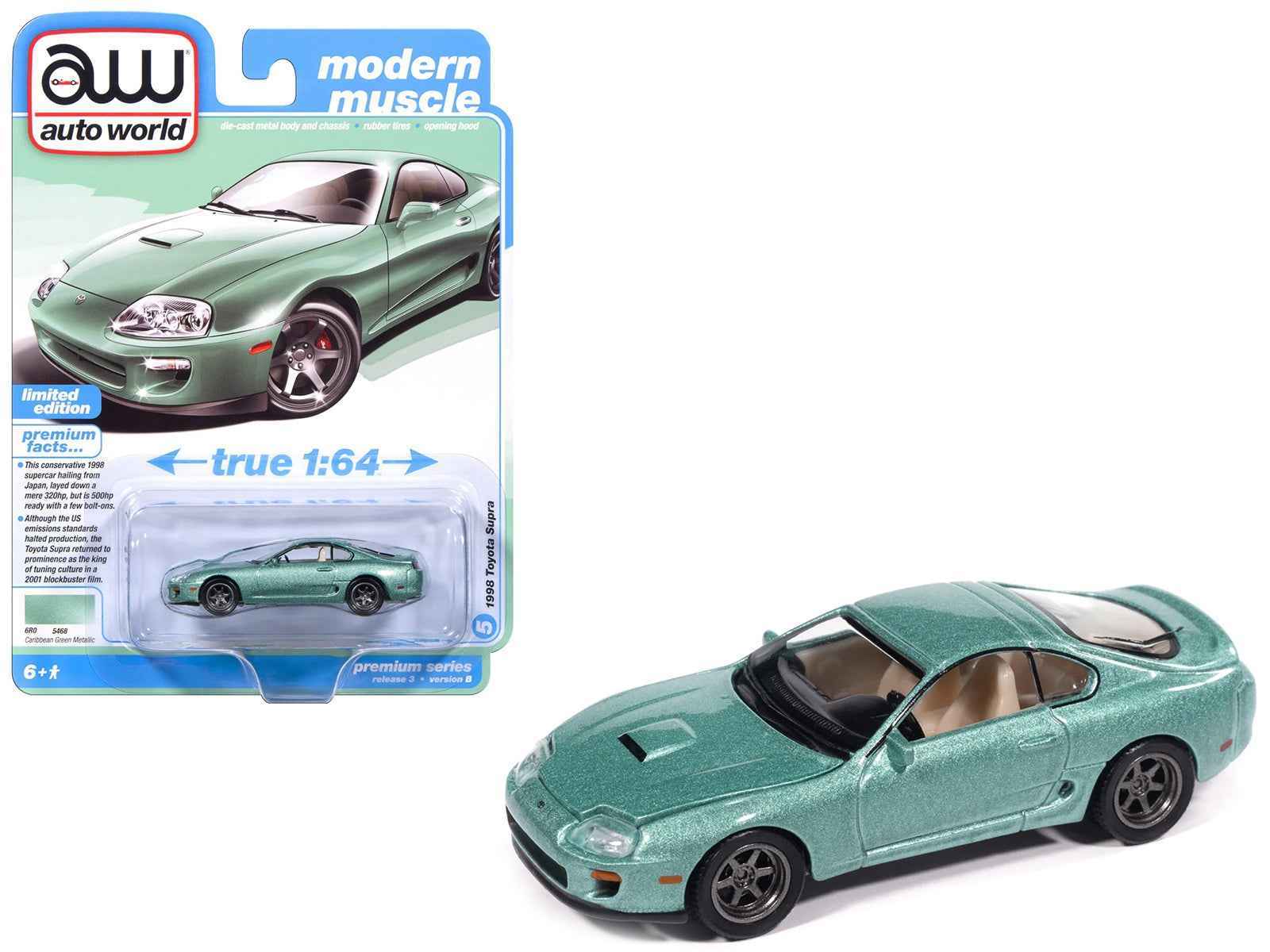 1:64 diecast sports coupe model car, metallic green with black wheels and tinted windows