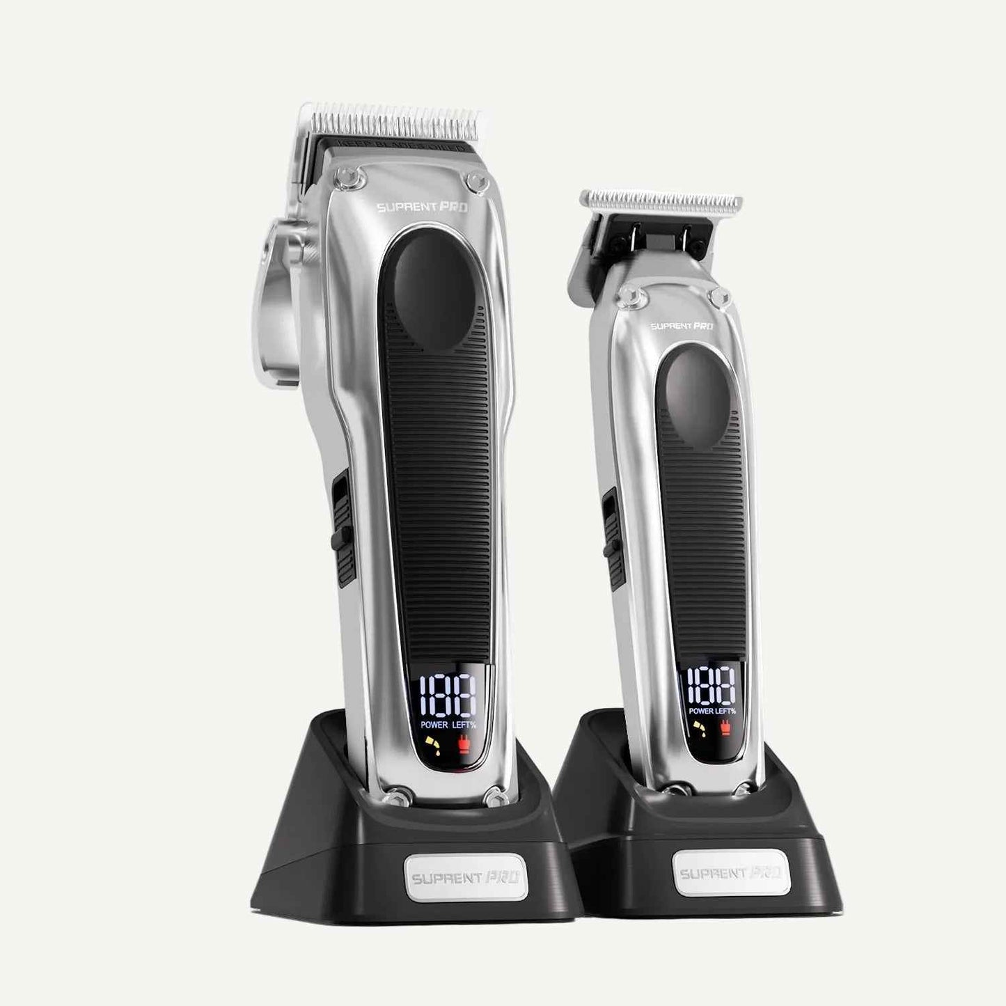 Professional hair clipper set: silver clippers with black grips and LED display on bases