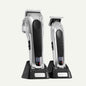 Professional hair clipper set: silver clippers with black grips and LED display on bases