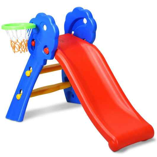 Kids plastic folding slide with basketball hoop, red slide and blue supports