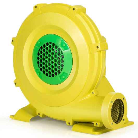 Yellow inflatable air blower with green fan intake grille and round side outlet