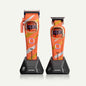 Orange cordless hair clippers with black charging stands, front view pair