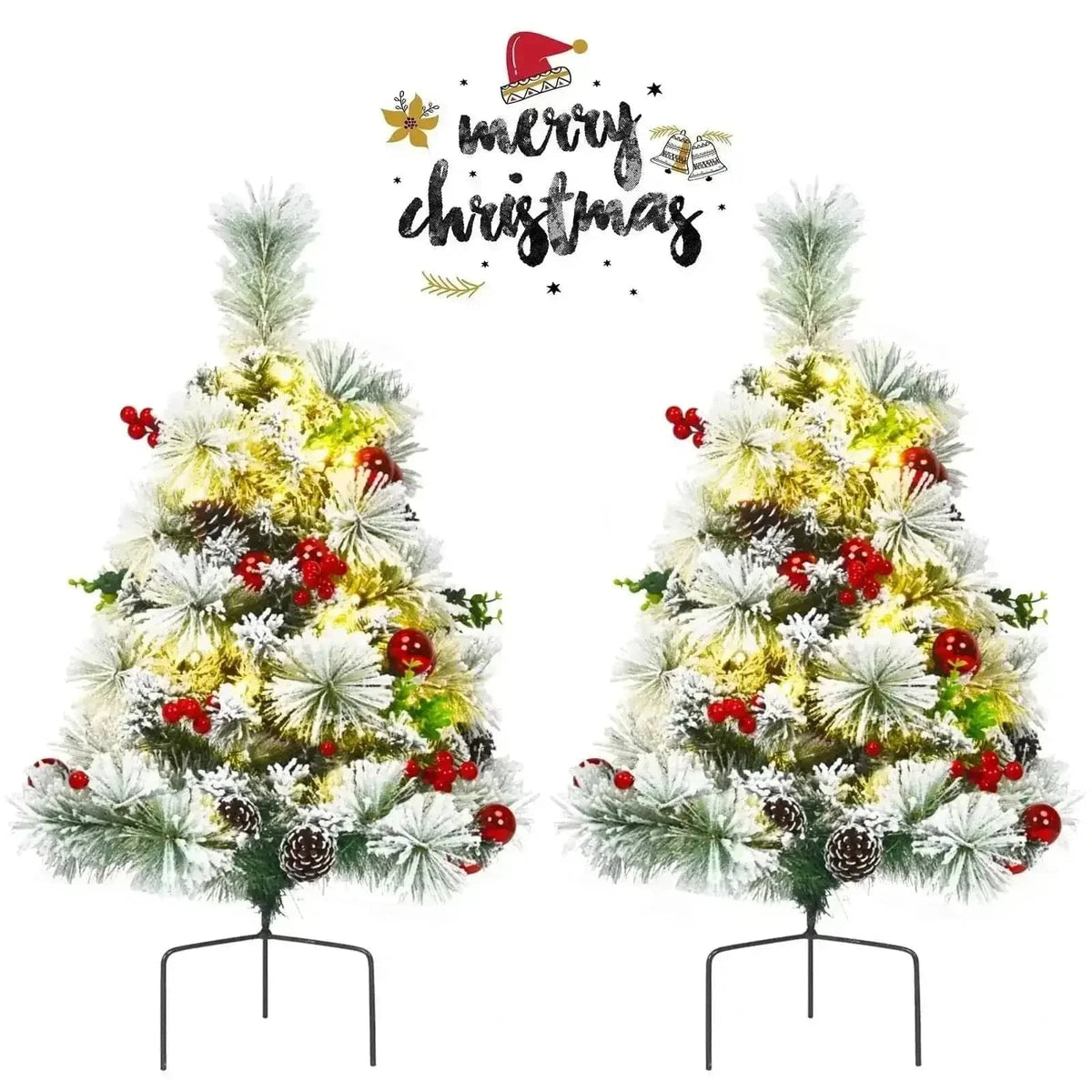 2 Feet Set of 2 Pre-lit Pathway Flocked Christmas Trees Battery Powered Cartsfy Inc.