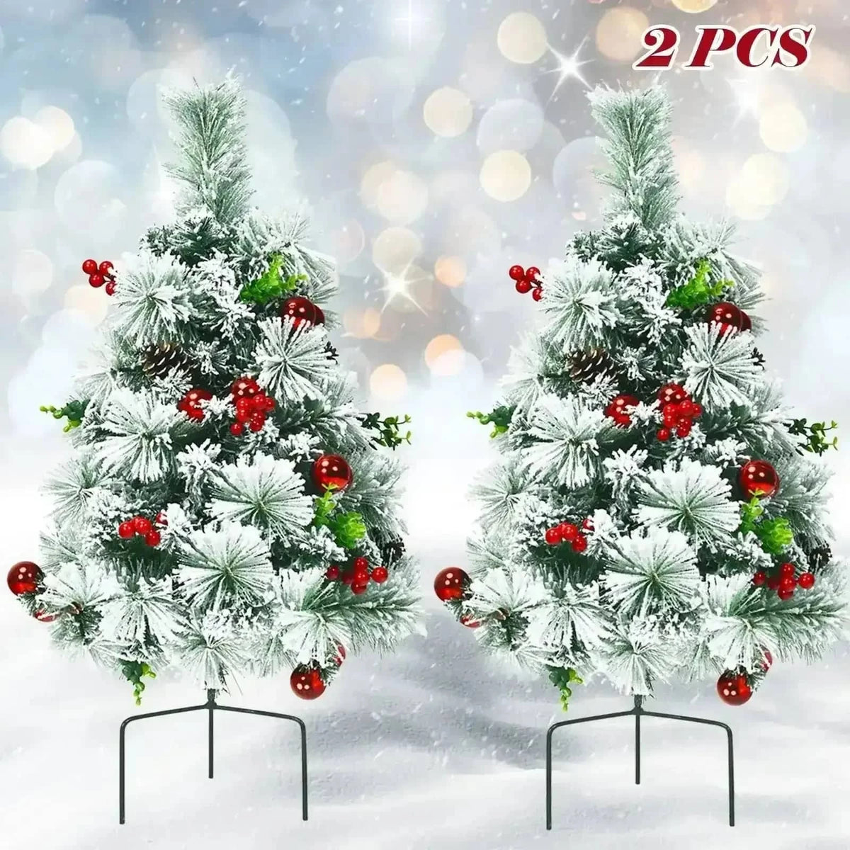 2 Feet Set of 2 Pre-lit Pathway Flocked Christmas Trees Battery Powered Cartsfy Inc.
