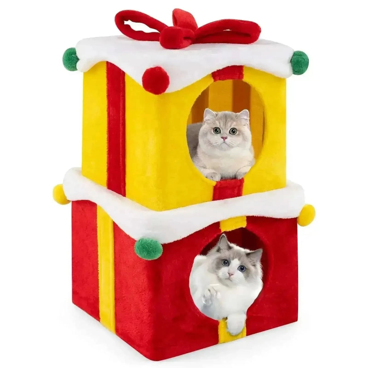 2 Gift Box Shaped Cute Christmas Cat House with Bow-Multicolor Cartsfy Inc.