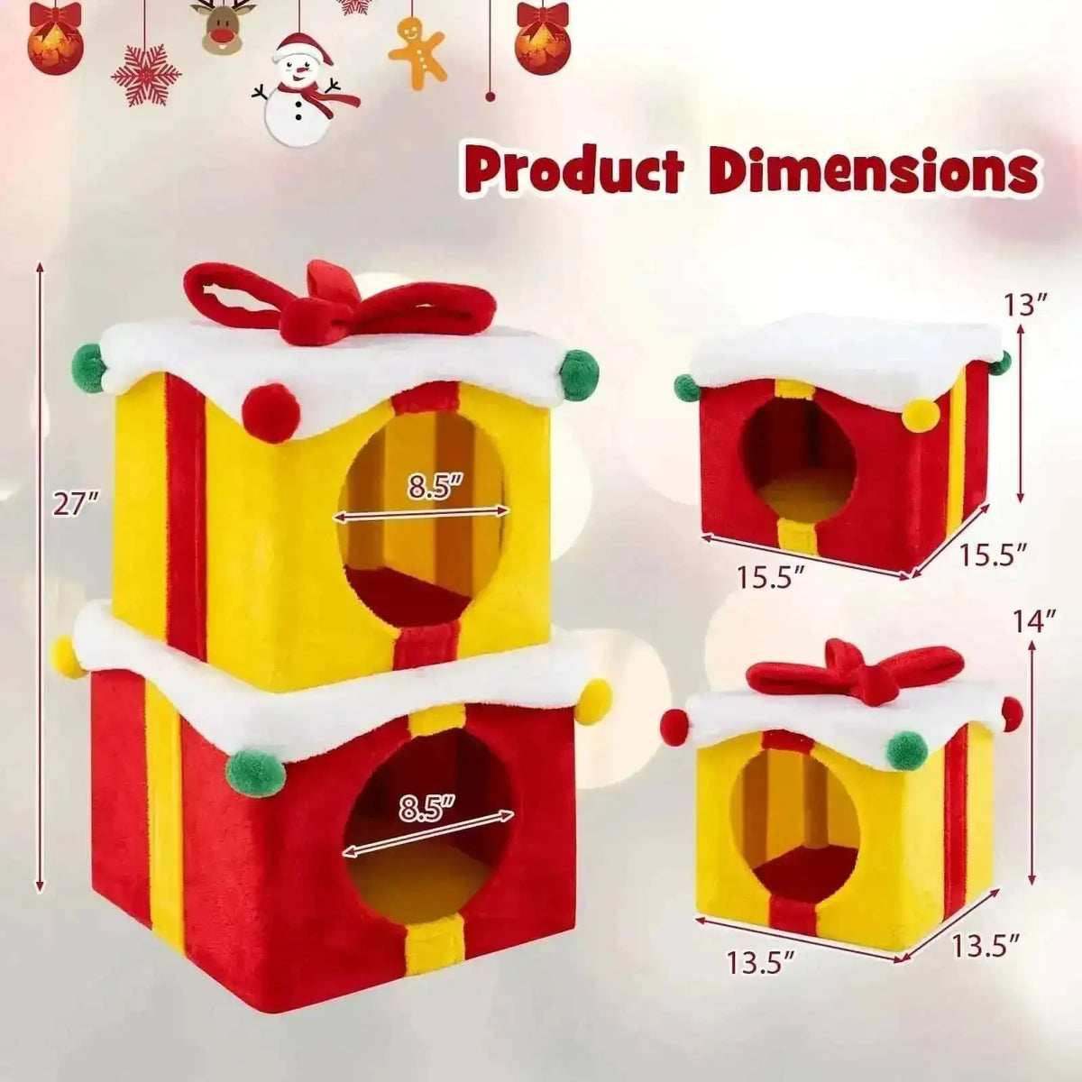 2 Gift Box Shaped Cute Christmas Cat House with Bow-Multicolor Cartsfy Inc.