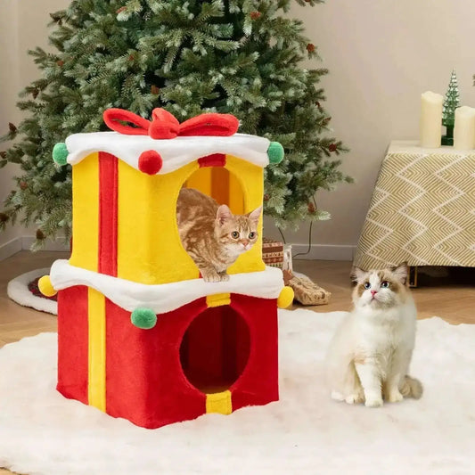 2 Gift Box Shaped Cute Christmas Cat House with Bow-Multicolor Cartsfy Inc.