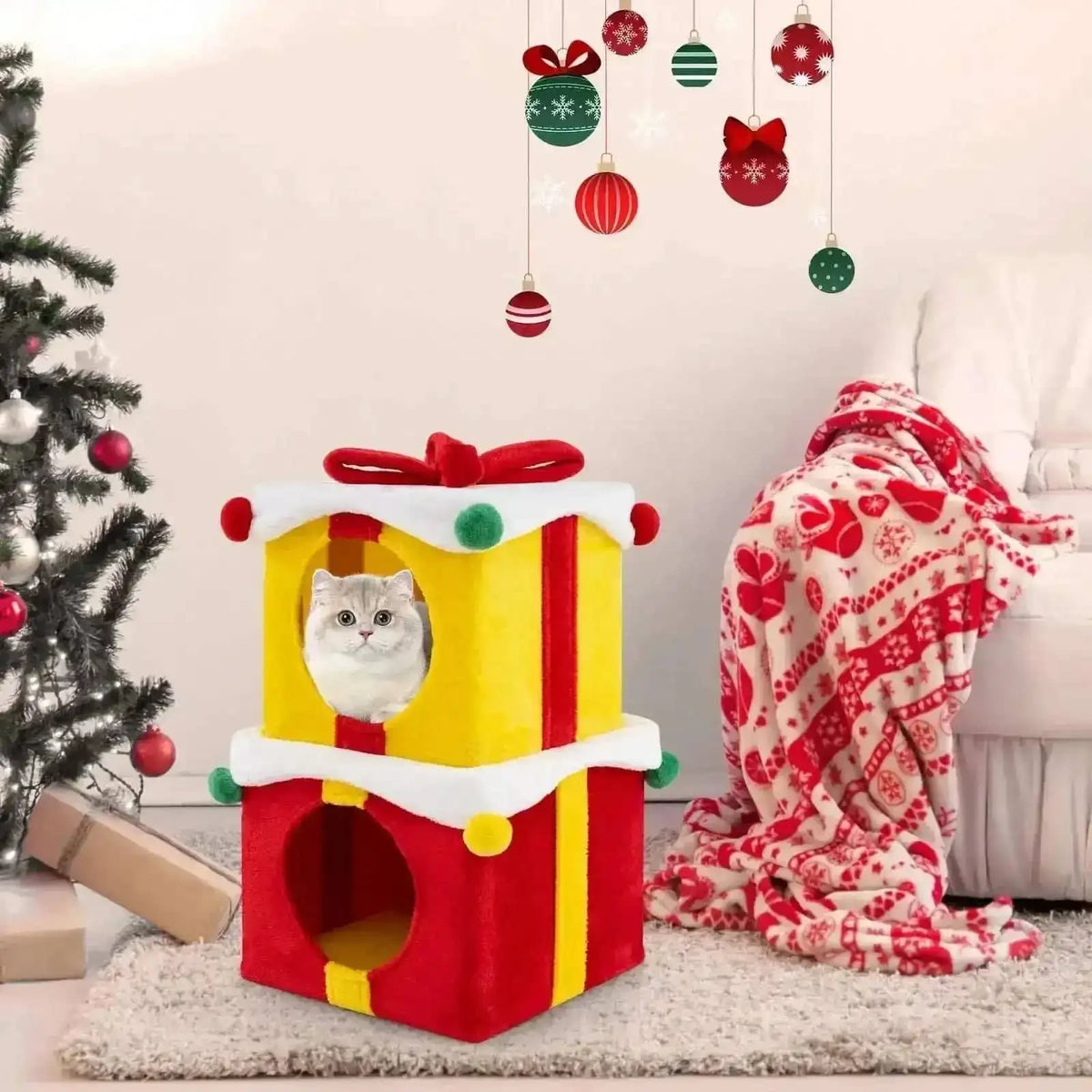 2 Gift Box Shaped Cute Christmas Cat House with Bow-Multicolor Cartsfy Inc.