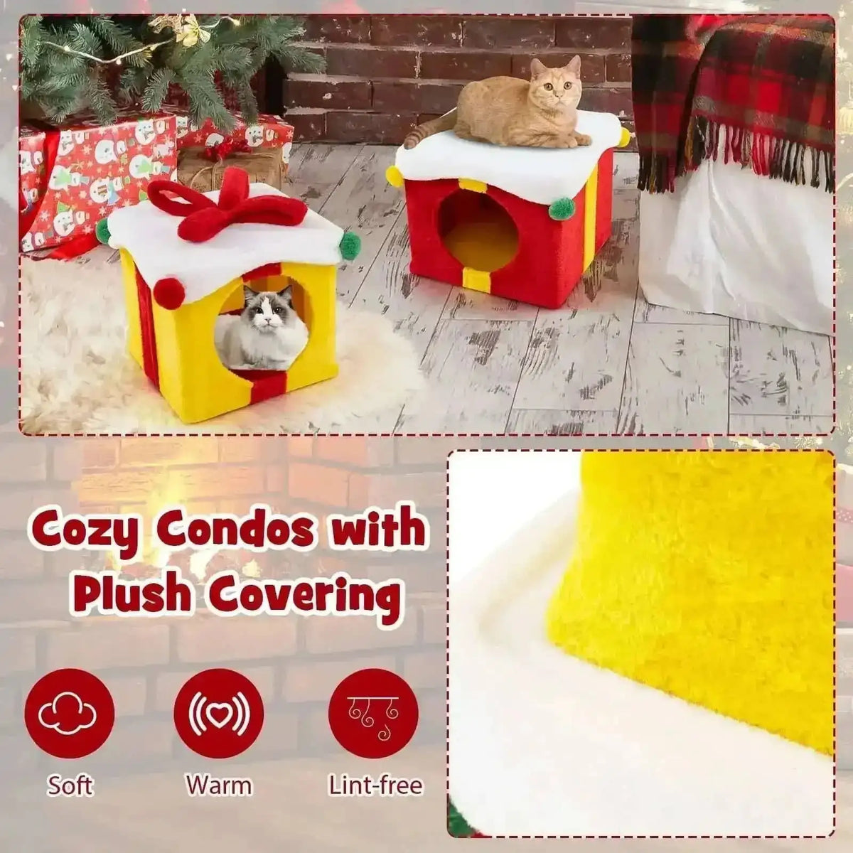 2 Gift Box Shaped Cute Christmas Cat House with Bow-Multicolor Cartsfy Inc.