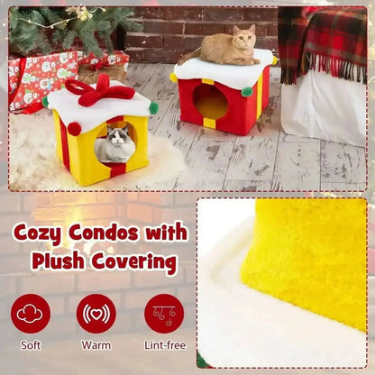 2 Gift Box Shaped Cute Christmas Cat House with Bow-Multicolor Cartsfy Inc.