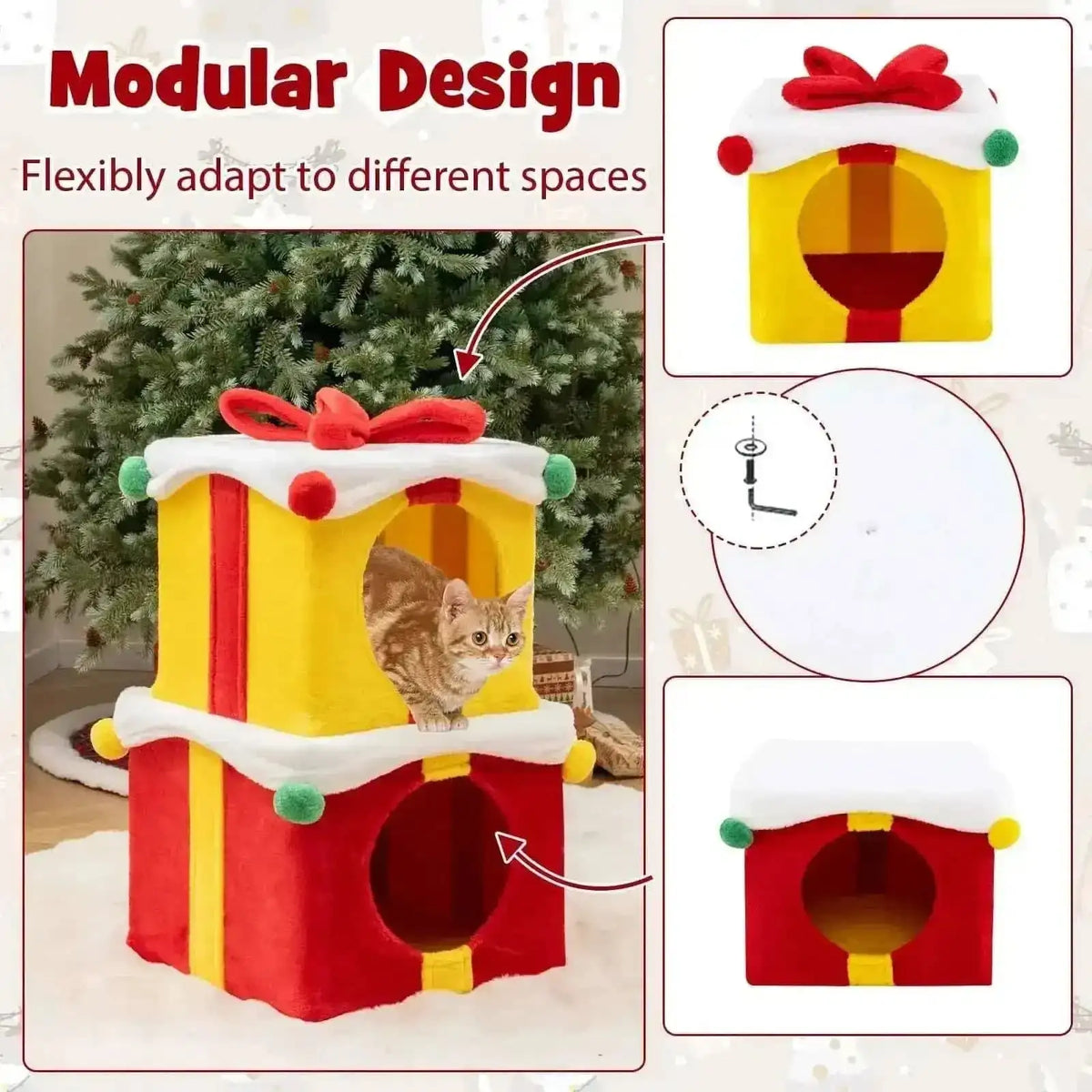 2 Gift Box Shaped Cute Christmas Cat House with Bow-Multicolor Cartsfy Inc.